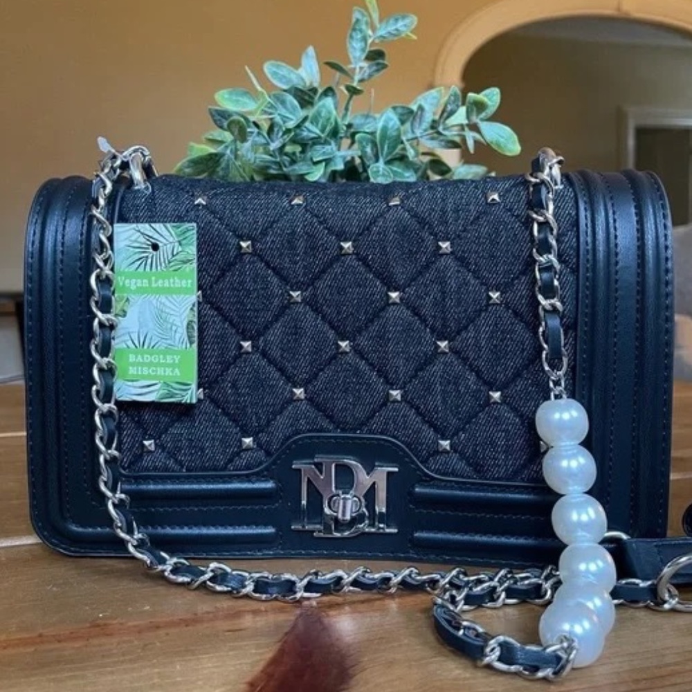 Badgley Mischka Quilted Faux Vegan Leather Pearl Crossbody  Handbag